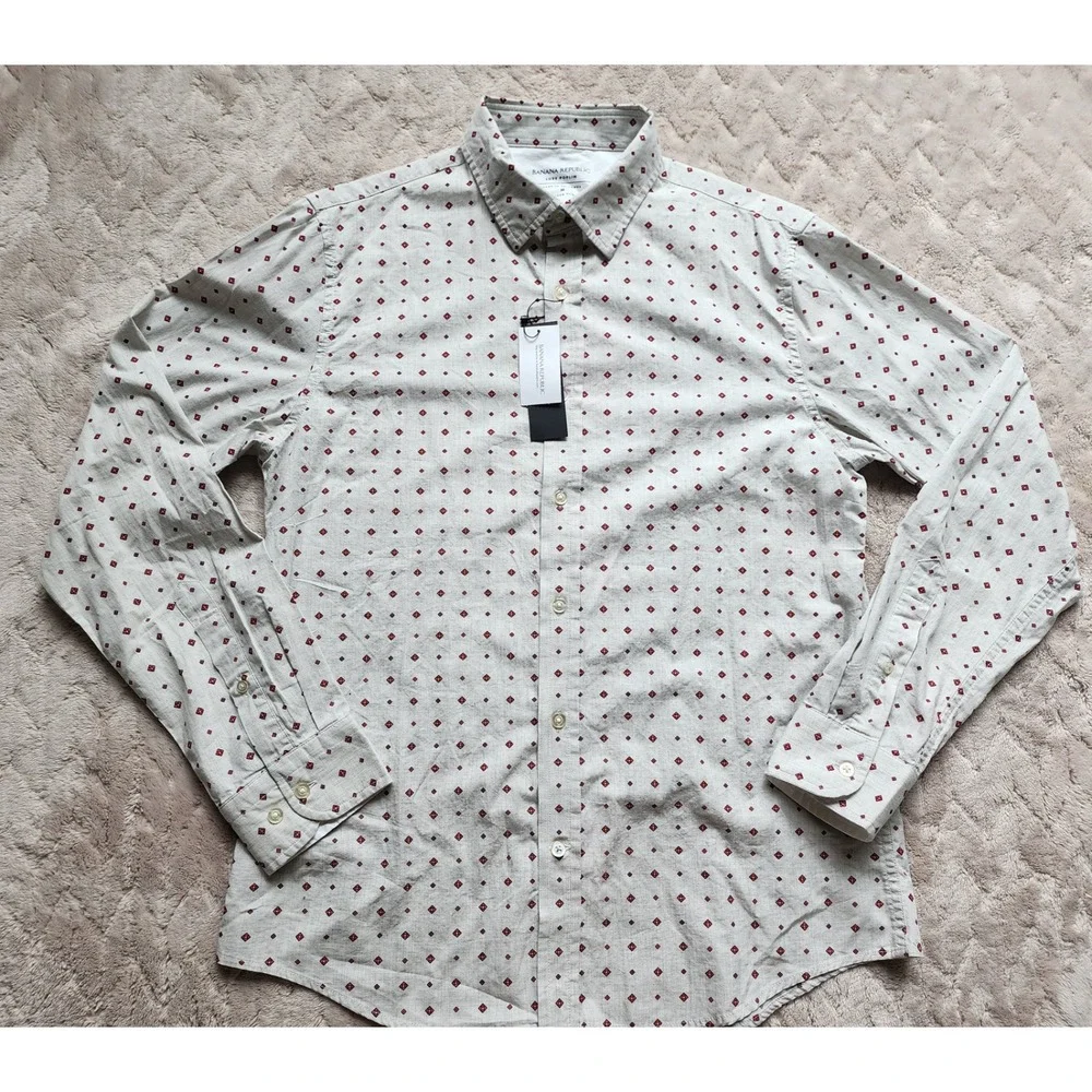 Banana Republic Mens Untucked Slim Fit Grey Red Diamond Luxe Poplin Shirt M NEW